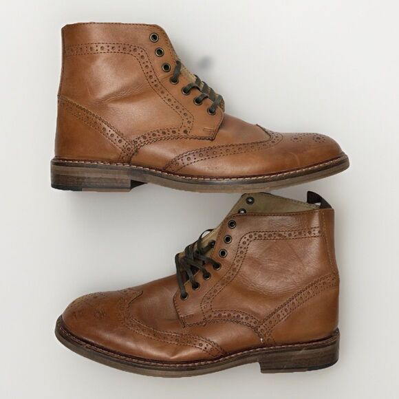 Size 9 - ASOS Men’s Brown Leather Brogue Wingtip Boots - Picture 1 of 8